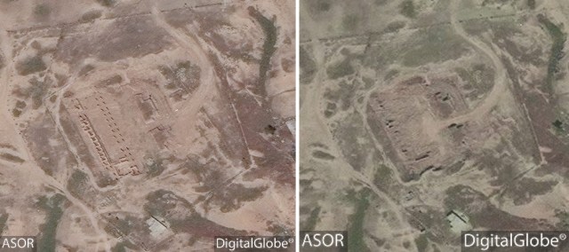 Left: Image taken by Digital Globe/ASOR on May 2, 2016 showing the Southwest Palace missing its roof but with reliefs still in place. Right: Image taken by Digital Globe/ASOR on May 9, 2016 showing the reliefs are gone and most internal walls have been destroyed.